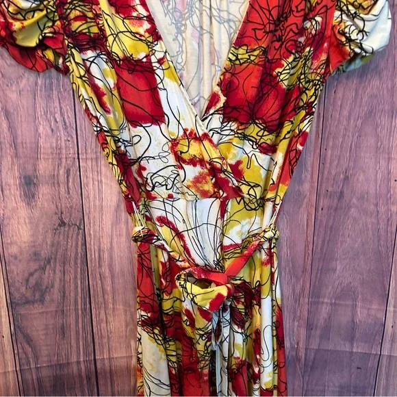 Saks Fifth Avenue Red and Yellow Puff Sleeve Midi Sundress - Picture 3 of 7